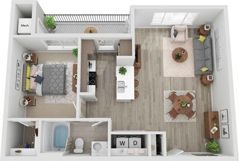 Floor plan for 1 bed, 1 bath, 761 sqft